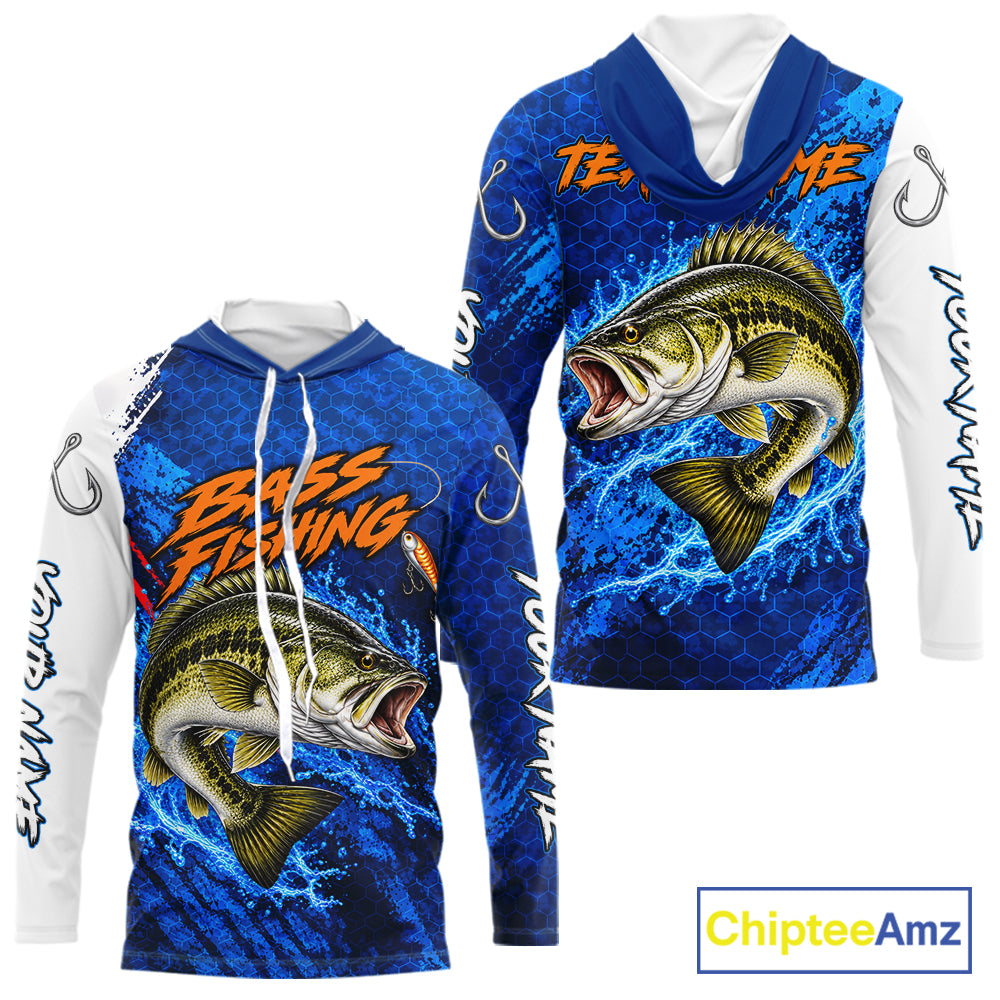 Largemouth Bass Fishing Blue Camo Long Sleeve Hooded Performance Fishing Shirt Custom Bass Fishing Jerseys NBT1047