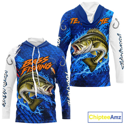 Largemouth Bass Fishing Blue Camo Long Sleeve Hooded Performance Fishing Shirt Custom Bass Fishing Jerseys NBT1047