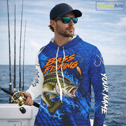 Largemouth Bass Fishing Blue Camo Long Sleeve Hooded Performance Fishing Shirt Custom Bass Fishing Jerseys NBT1047