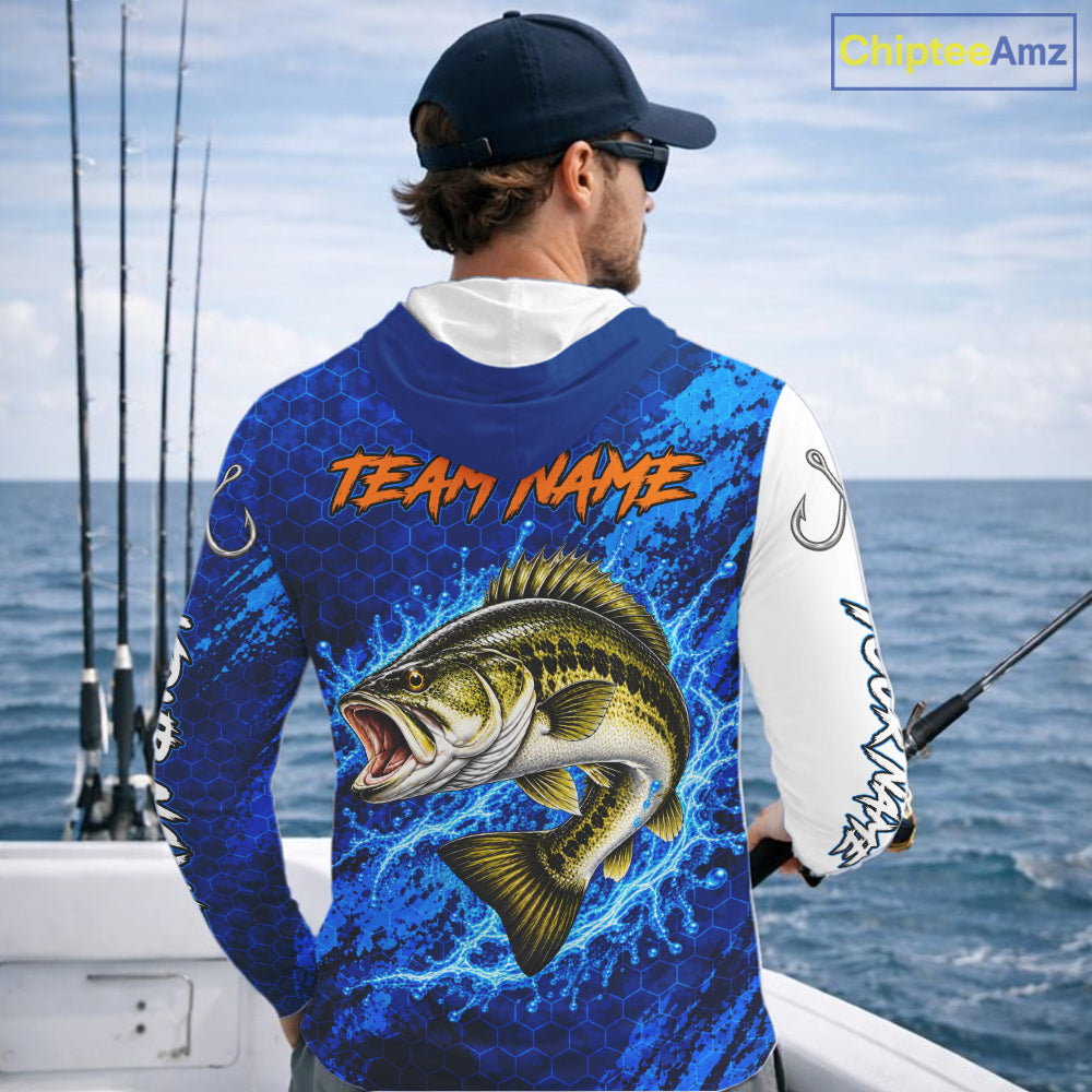 Largemouth Bass Fishing Blue Camo Long Sleeve Hooded Performance Fishing Shirt Custom Bass Fishing Jerseys NBT1047