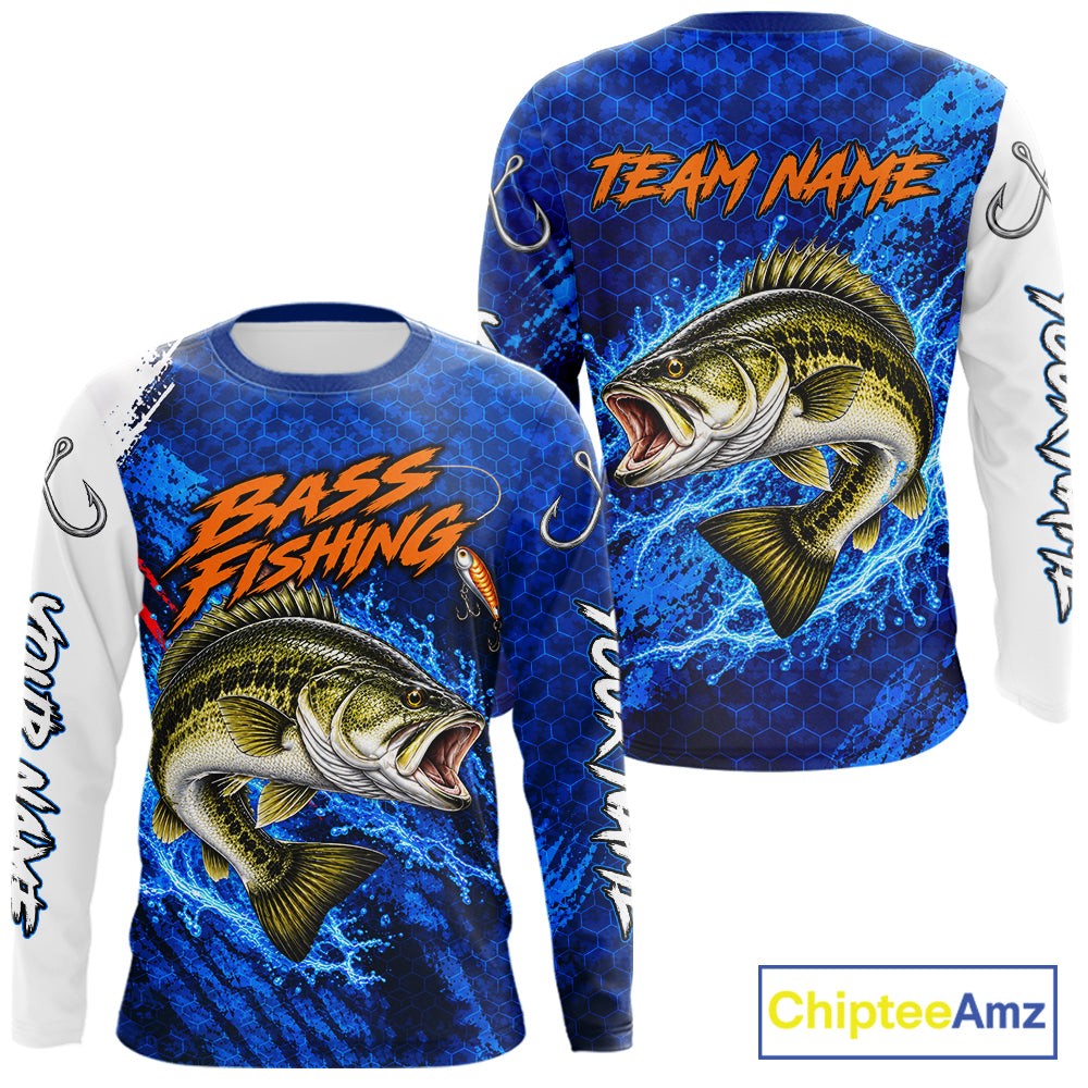 Largemouth Bass Fishing Blue Camo Long Sleeve Performance Fishing Shirt Custom Bass Fishing Jerseys NBT1047