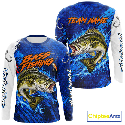 Largemouth Bass Fishing Blue Camo Long Sleeve Performance Fishing Shirt Custom Bass Fishing Jerseys NBT1047