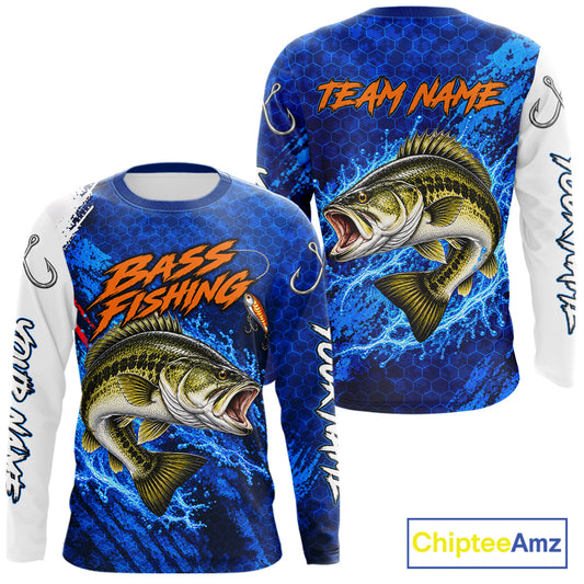 Largemouth Bass Fishing Blue Camo Long Sleeve Performance Fishing Shirt Custom Bass Fishing Jerseys NBT1047