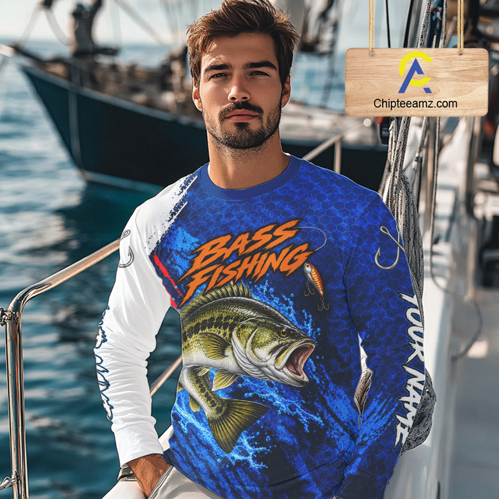 Largemouth Bass Fishing Blue Camo Long Sleeve Performance Fishing Shirt Custom Bass Fishing Jerseys NBT1047
