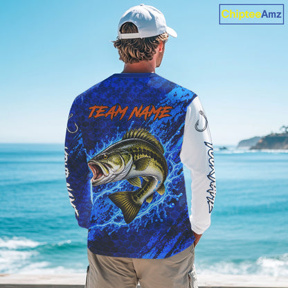 Largemouth Bass Fishing Blue Camo Long Sleeve Performance Fishing Shirt Custom Bass Fishing Jerseys NBT1047