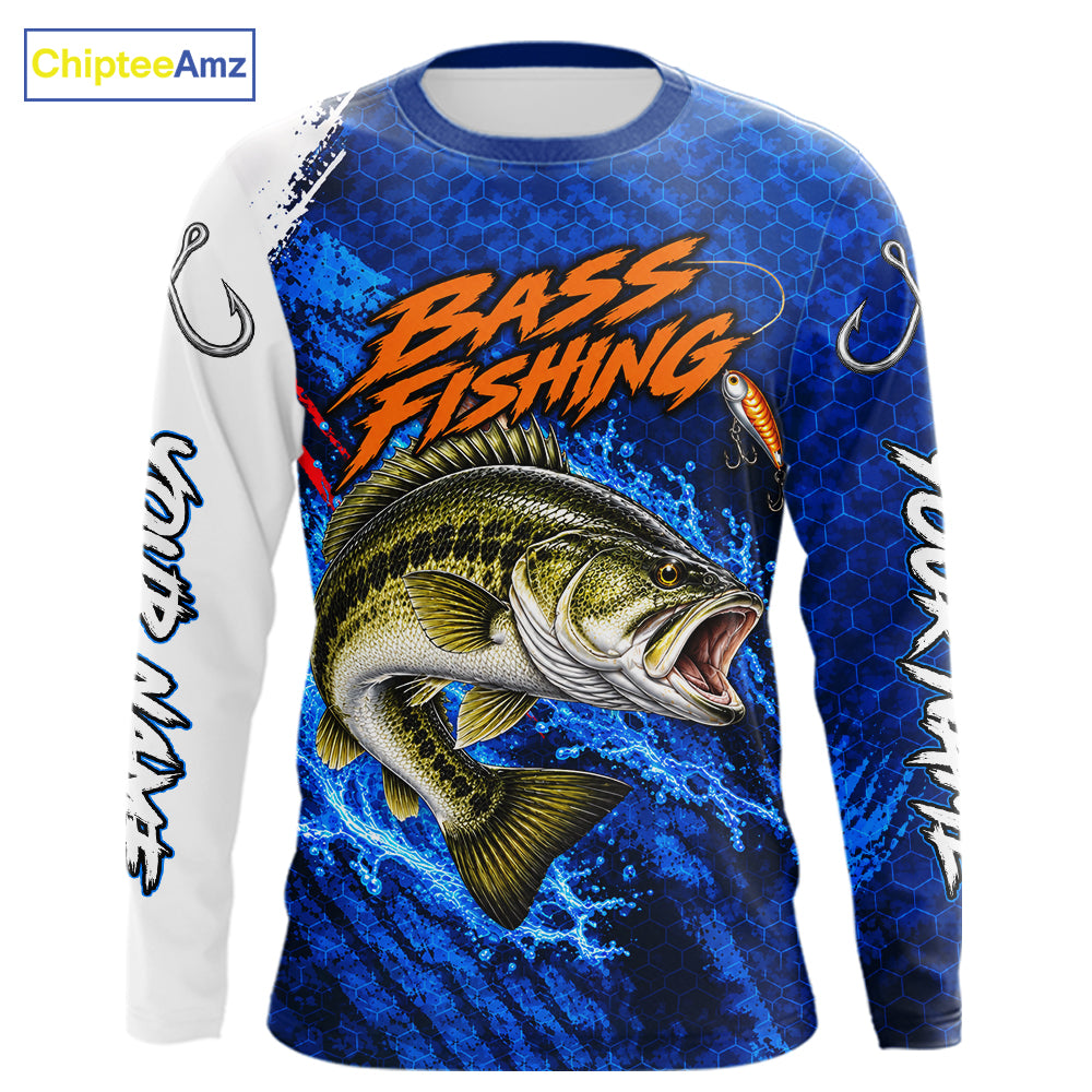Largemouth Bass Fishing Blue Camo Long Sleeve Performance Fishing Shirt Custom Bass Fishing Jerseys NBT1047