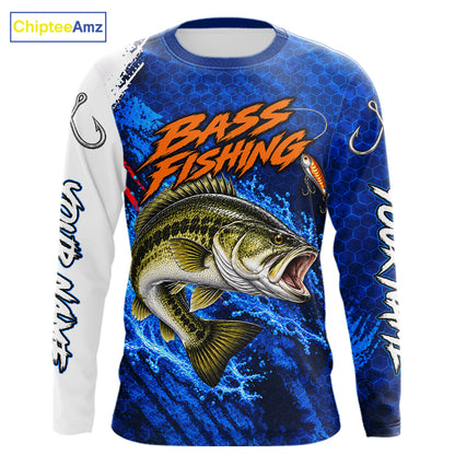 Largemouth Bass Fishing Blue Camo Long Sleeve Performance Fishing Shirt Custom Bass Fishing Jerseys NBT1047