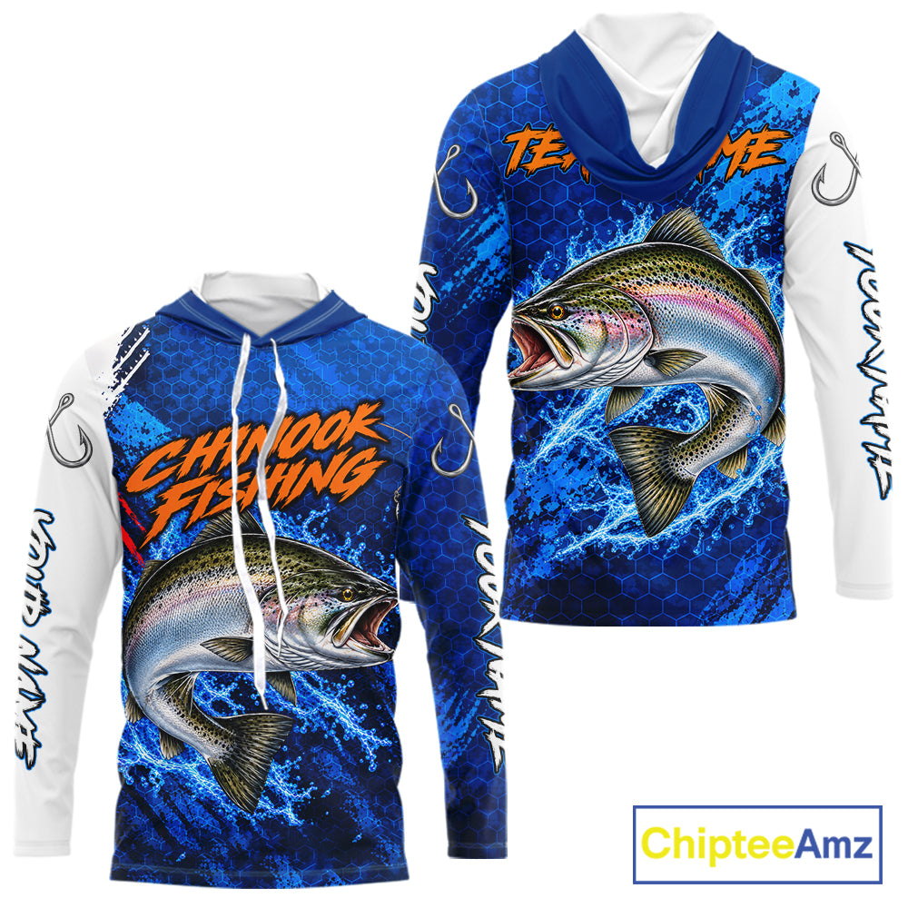 Chinook Salmon Fishing Blue Camo Long Sleeve Hooded Performance Fishing Shirt Custom Chinook Salmon Fishing Jerseys NBT1048