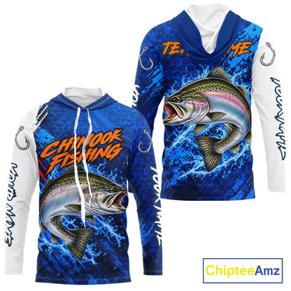 Chinook Salmon Fishing Blue Camo Long Sleeve Hooded Performance Fishing Shirt Custom Chinook Salmon Fishing Jerseys NBT1048