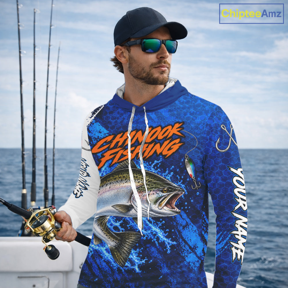 Chinook Salmon Fishing Blue Camo Long Sleeve Hooded Performance Fishing Shirt Custom Chinook Salmon Fishing Jerseys NBT1048