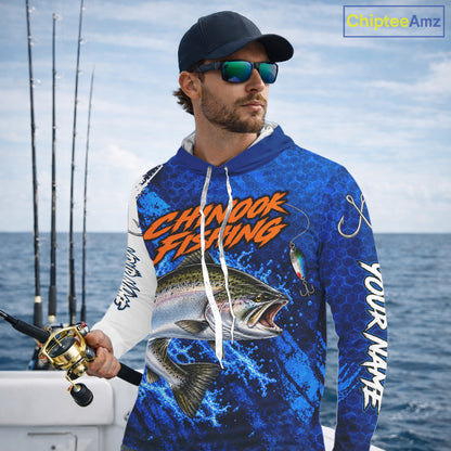Chinook Salmon Fishing Blue Camo Long Sleeve Hooded Performance Fishing Shirt Custom Chinook Salmon Fishing Jerseys NBT1048
