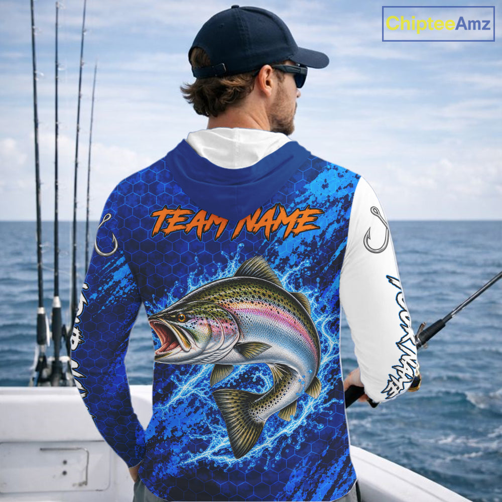 Chinook Salmon Fishing Blue Camo Long Sleeve Hooded Performance Fishing Shirt Custom Chinook Salmon Fishing Jerseys NBT1048