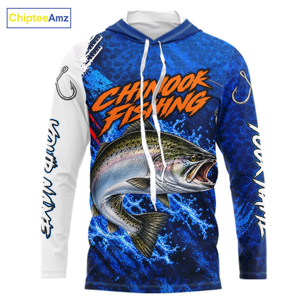 Chinook Salmon Fishing Blue Camo Long Sleeve Hooded Performance Fishing Shirt Custom Chinook Salmon Fishing Jerseys NBT1048
