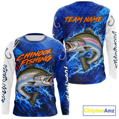 Chinook Salmon Fishing Blue Camo Long Sleeve Performance Fishing Shirt Custom Chinook Salmon Fishing Jerseys NBT1048
