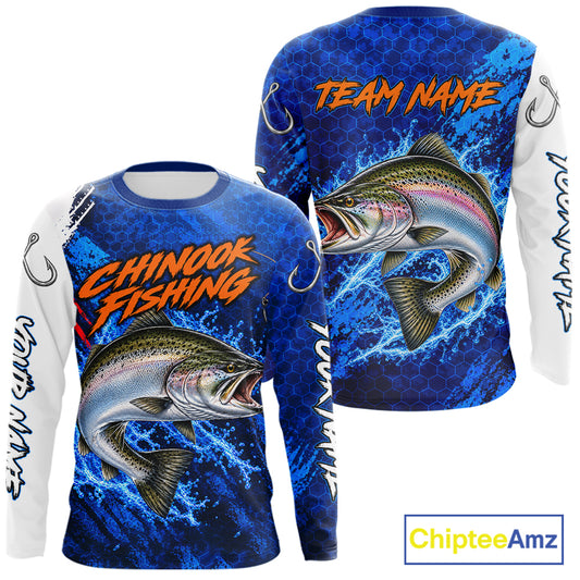 Chinook Salmon Fishing Blue Camo Long Sleeve Performance Fishing Shirt Custom Chinook Salmon Fishing Jerseys NBT1048
