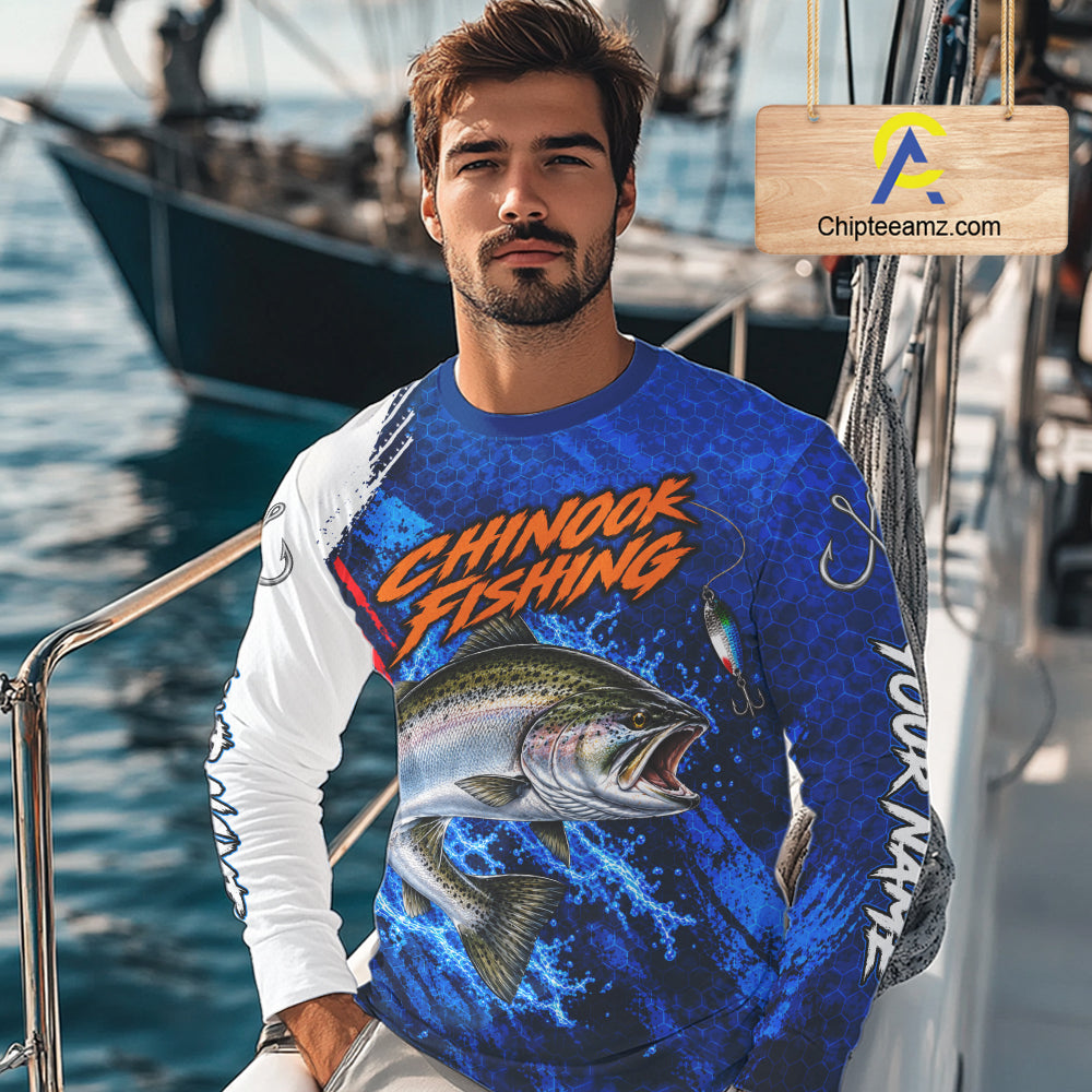 Chinook Salmon Fishing Blue Camo Long Sleeve Performance Fishing Shirt Custom Chinook Salmon Fishing Jerseys NBT1048