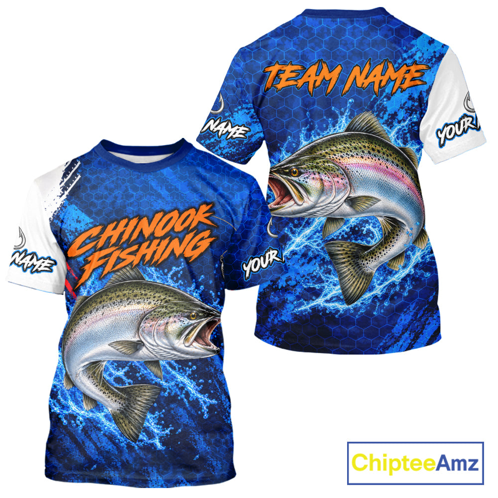 Chinook Salmon Fishing Blue Camo Performance Fishing T-Shirt Custom Chinook Salmon Fishing Jerseys NBT1048