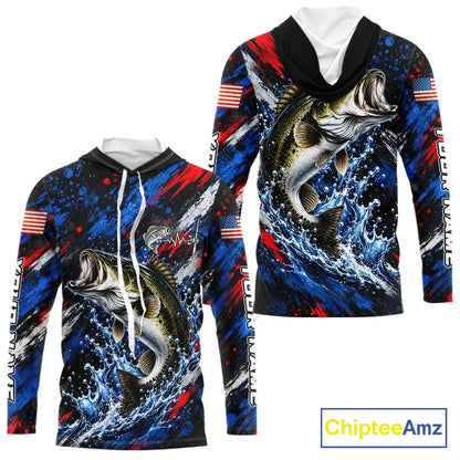 Largemouth Bass Fishing Shirt Custom US Flag Splash Water Long Sleeve Hooded Apparel NHT1706