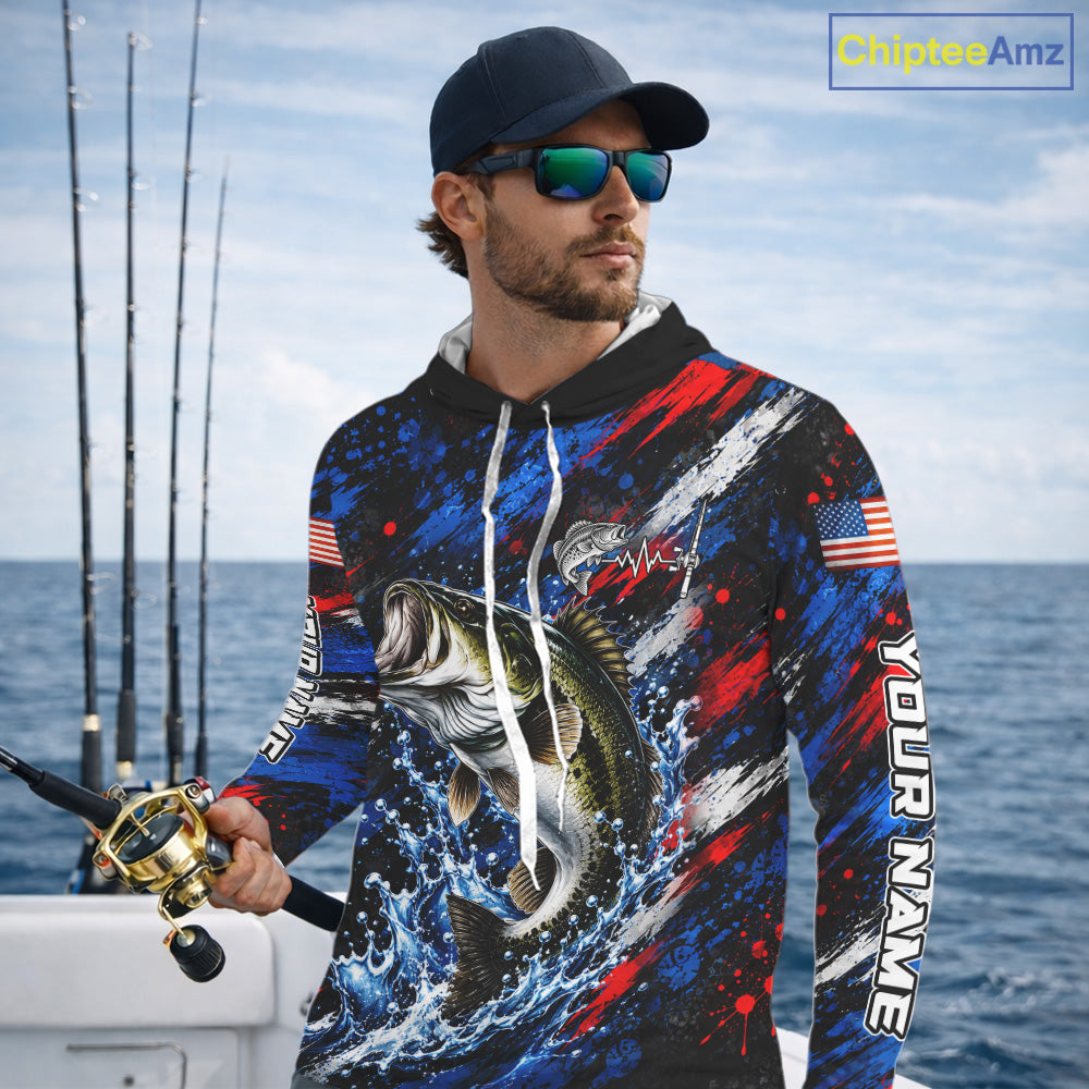 Largemouth Bass Fishing Shirt Custom US Flag Splash Water Long Sleeve Hooded Apparel NHT1706
