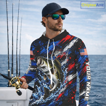Largemouth Bass Fishing Shirt Custom US Flag Splash Water Long Sleeve Hooded Apparel NHT1706