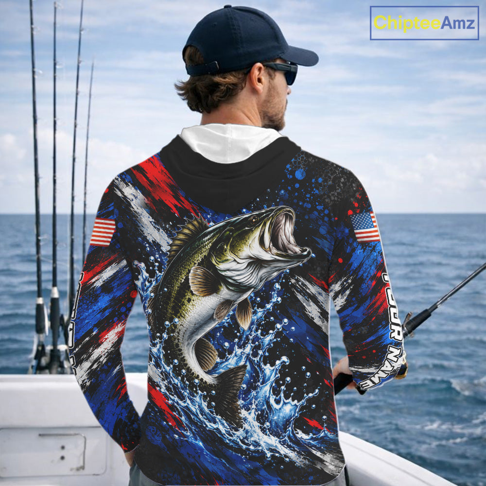 Largemouth Bass Fishing Shirt Custom US Flag Splash Water Long Sleeve Hooded Apparel NHT1706