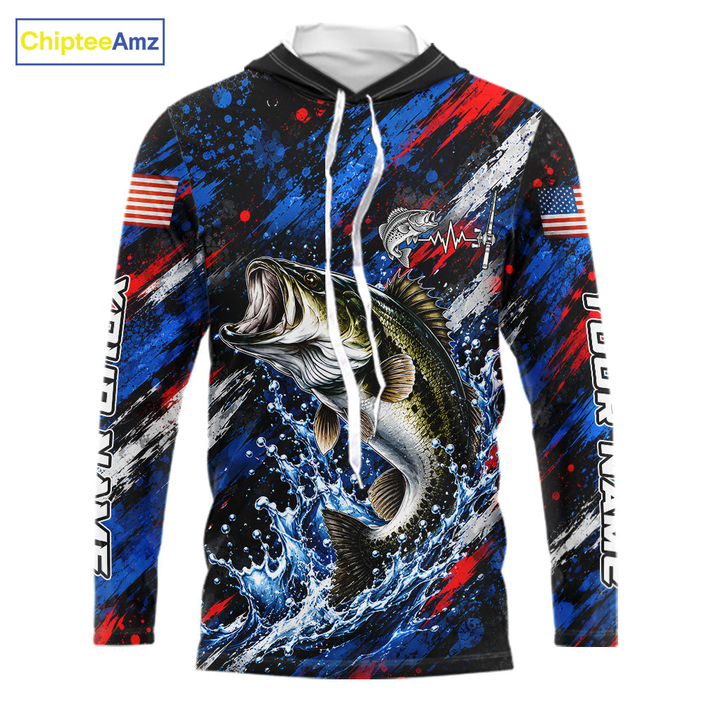 Largemouth Bass Fishing Shirt Custom US Flag Splash Water Long Sleeve Hooded Apparel NHT1706