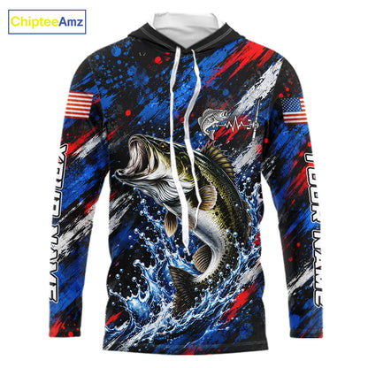 Largemouth Bass Fishing Shirt Custom US Flag Splash Water Long Sleeve Hooded Apparel NHT1706