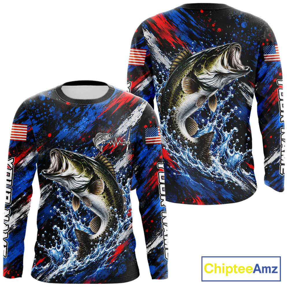 Largemouth Bass Fishing Shirt Custom US Flag Splash Water Long Sleeve Apparel NHT1706
