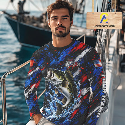 Largemouth Bass Fishing Shirt Custom US Flag Splash Water Long Sleeve Apparel NHT1706
