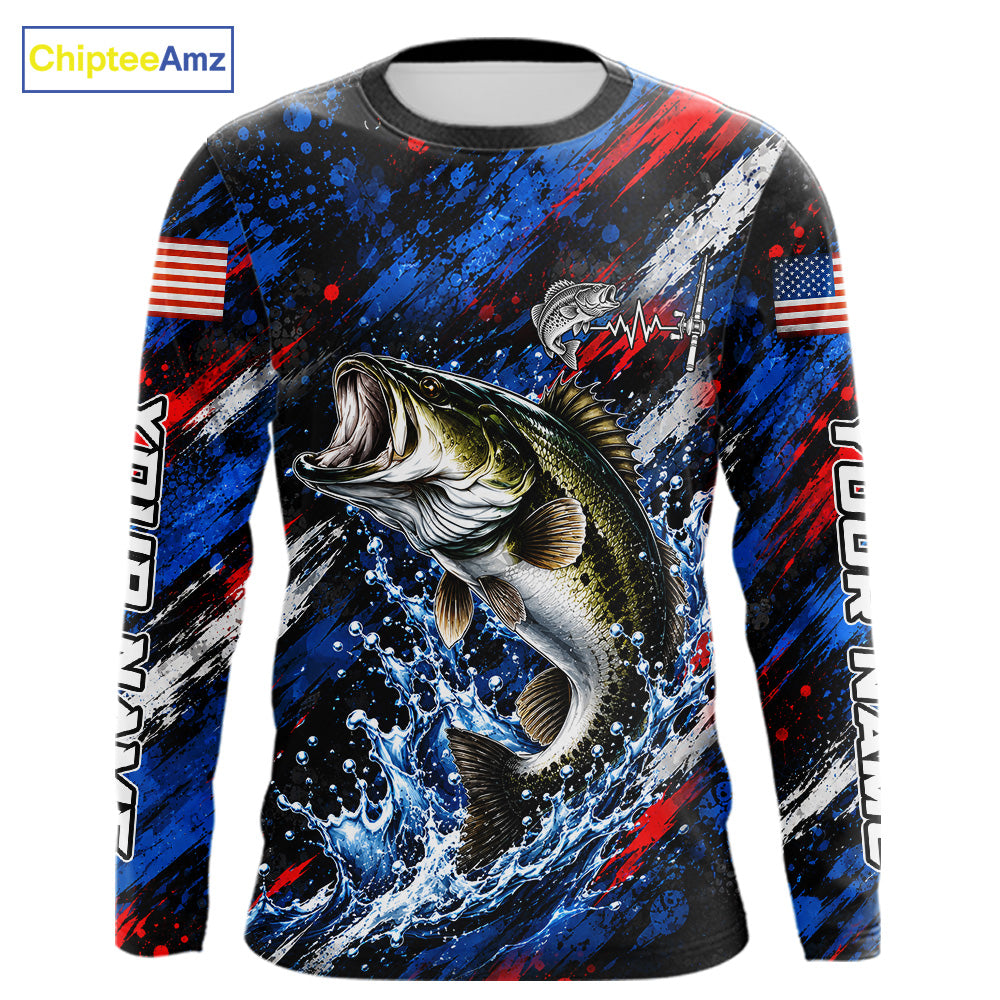 Largemouth Bass Fishing Shirt Custom US Flag Splash Water Long Sleeve Apparel NHT1706