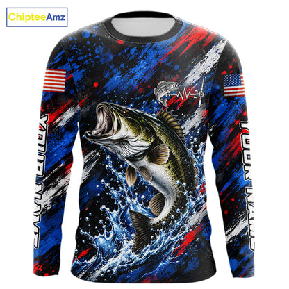 Largemouth Bass Fishing Shirt Custom US Flag Splash Water Long Sleeve Apparel NHT1706