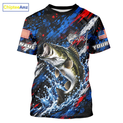 Largemouth Bass Fishing Shirt Custom US Flag Splash Water Short Sleeve Apparel NHT1706