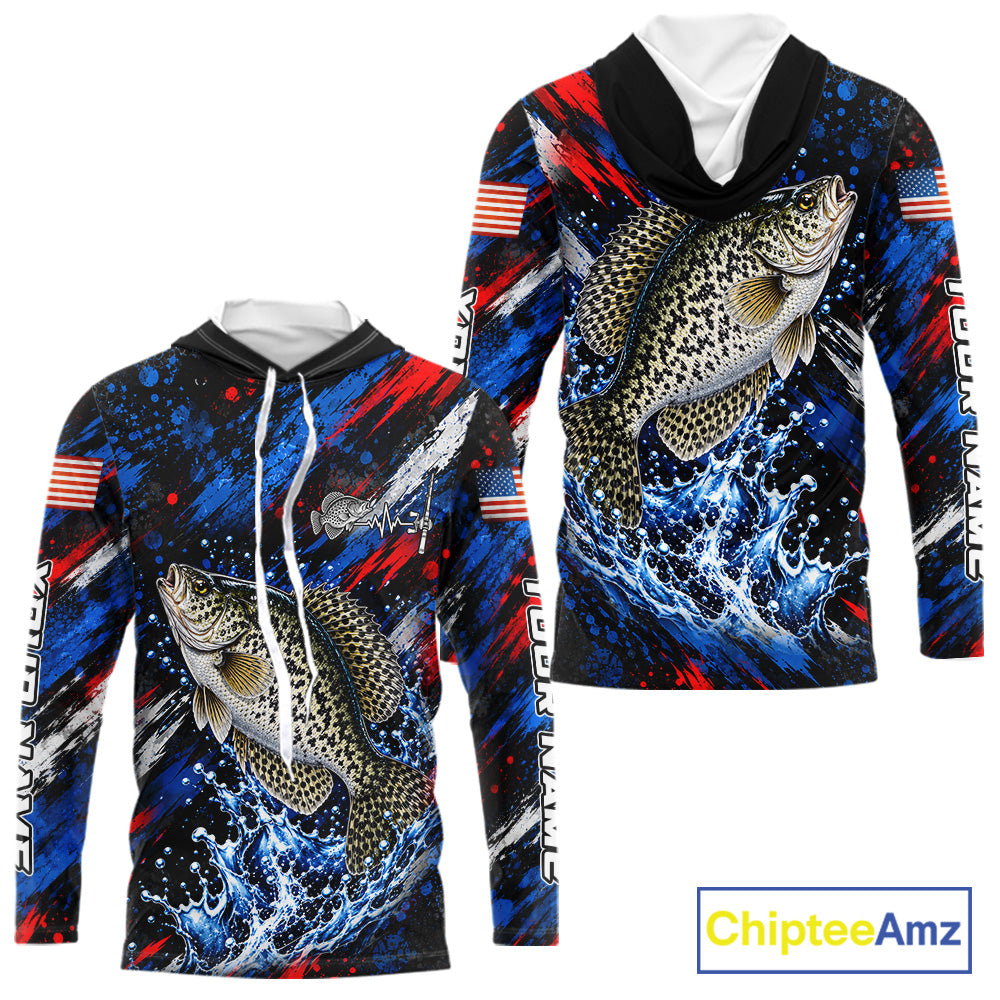 Crappie Fishing Shirt Custom US Flag Splash Water Long Sleeve Hooded Apparel NHT1707