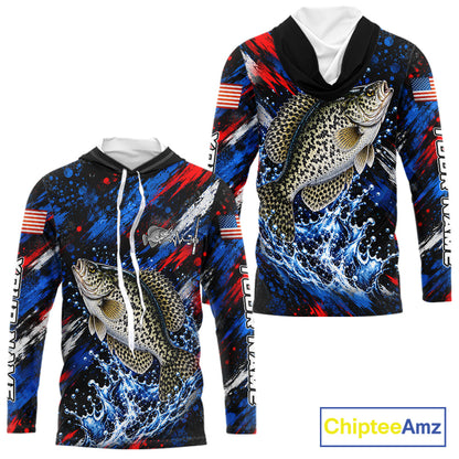 Crappie Fishing Shirt Custom US Flag Splash Water Long Sleeve Hooded Apparel NHT1707