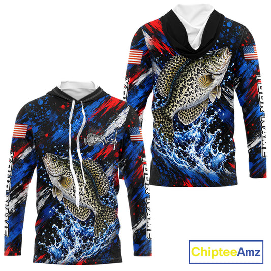 Crappie Fishing Shirt Custom US Flag Splash Water Long Sleeve Hooded Apparel NHT1707