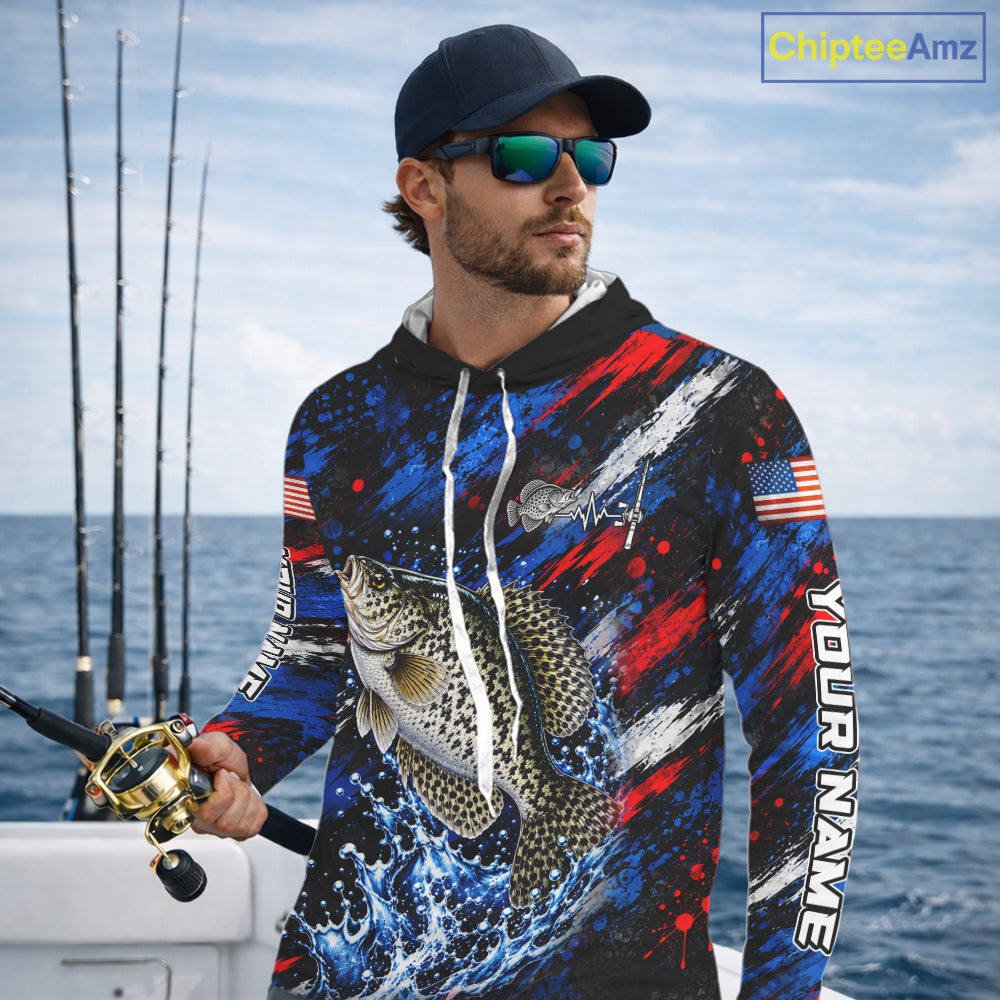 Crappie Fishing Shirt Custom US Flag Splash Water Long Sleeve Hooded Apparel NHT1707