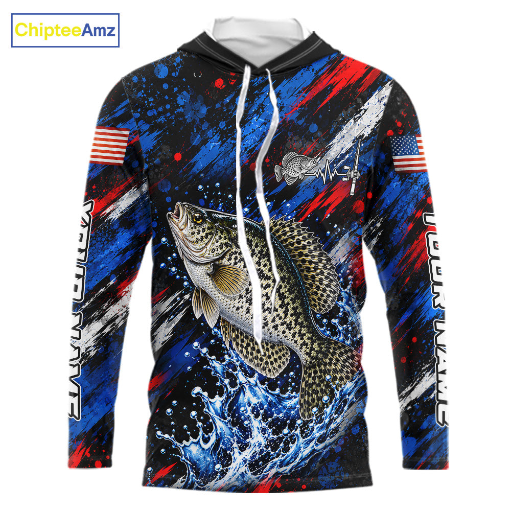 Crappie Fishing Shirt Custom US Flag Splash Water Long Sleeve Hooded Apparel NHT1707