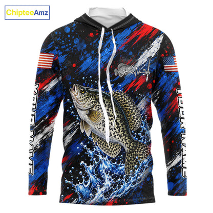 Crappie Fishing Shirt Custom US Flag Splash Water Long Sleeve Hooded Apparel NHT1707