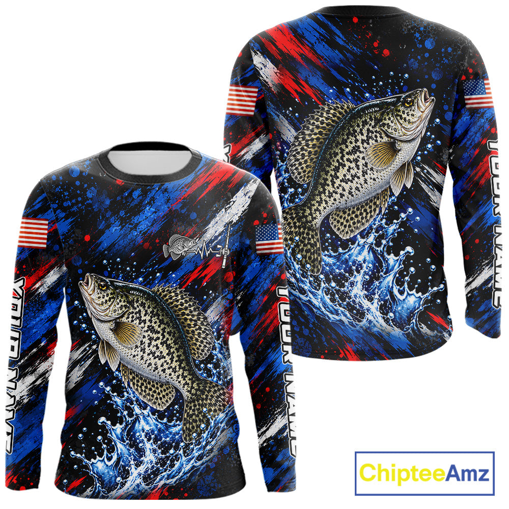 Crappie Fishing Shirt Custom US Flag Splash Water Long Sleeve Apparel NHT1707