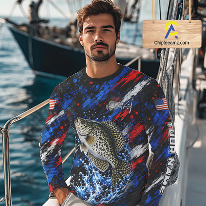 Crappie Fishing Shirt Custom US Flag Splash Water Long Sleeve Apparel NHT1707