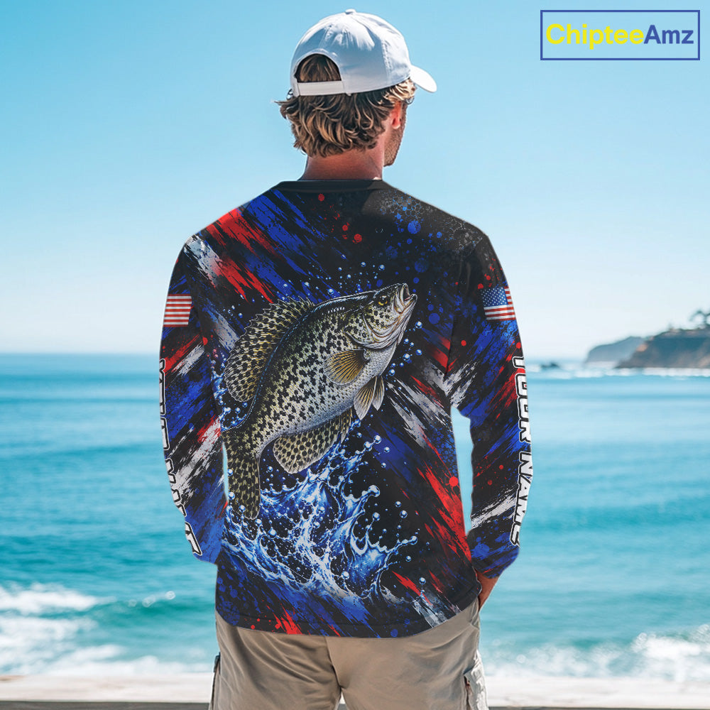 Crappie Fishing Shirt Custom US Flag Splash Water Long Sleeve Apparel NHT1707