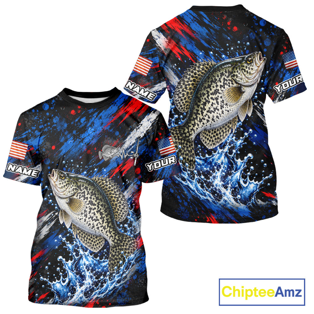 Crappie Fishing Shirt Custom US Flag Splash Water Short Sleeve Apparel NHT1707