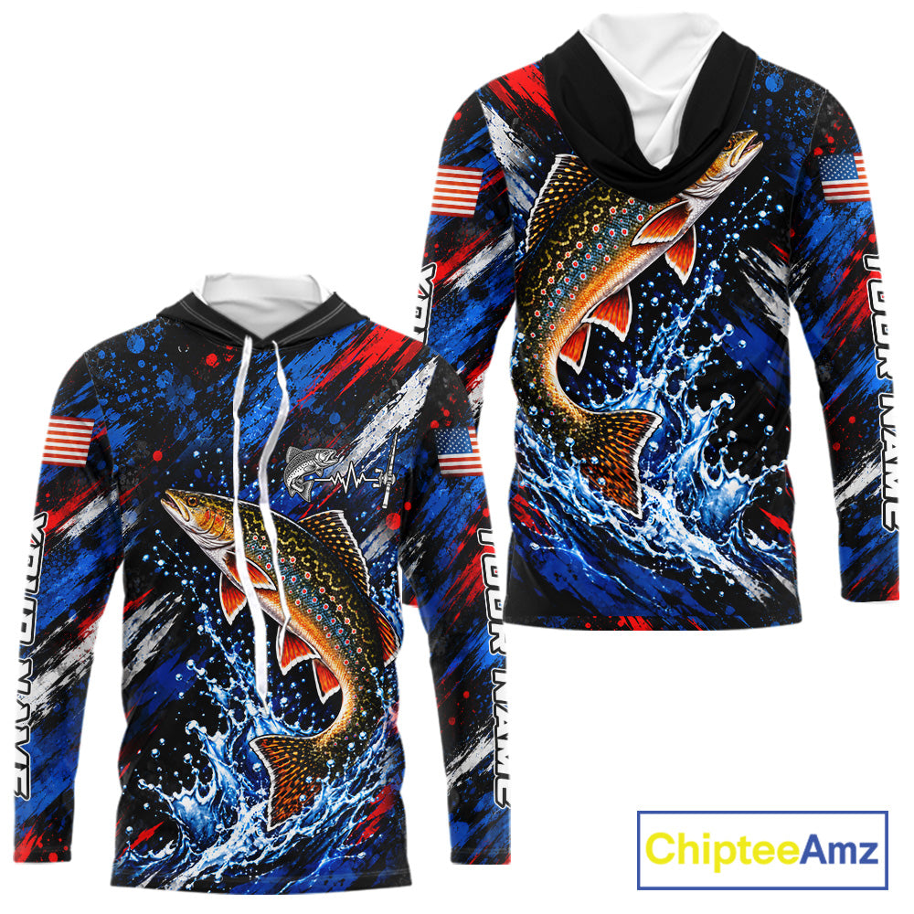 Brook Trout Fishing Shirt Custom US Flag Splash Water Long Sleeve Hooded Apparel NHT1708