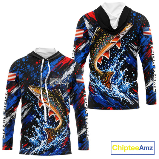 Brook Trout Fishing Shirt Custom US Flag Splash Water Long Sleeve Hooded Apparel NHT1708