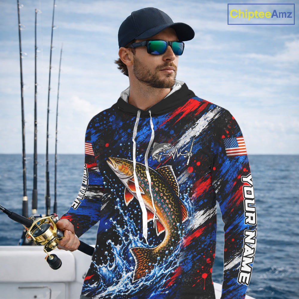 Brook Trout Fishing Shirt Custom US Flag Splash Water Long Sleeve Hooded Apparel NHT1708