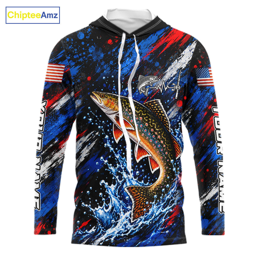 Brook Trout Fishing Shirt Custom US Flag Splash Water Long Sleeve Hooded Apparel NHT1708