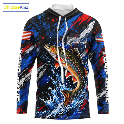 Brook Trout Fishing Shirt Custom US Flag Splash Water Long Sleeve Hooded Apparel NHT1708