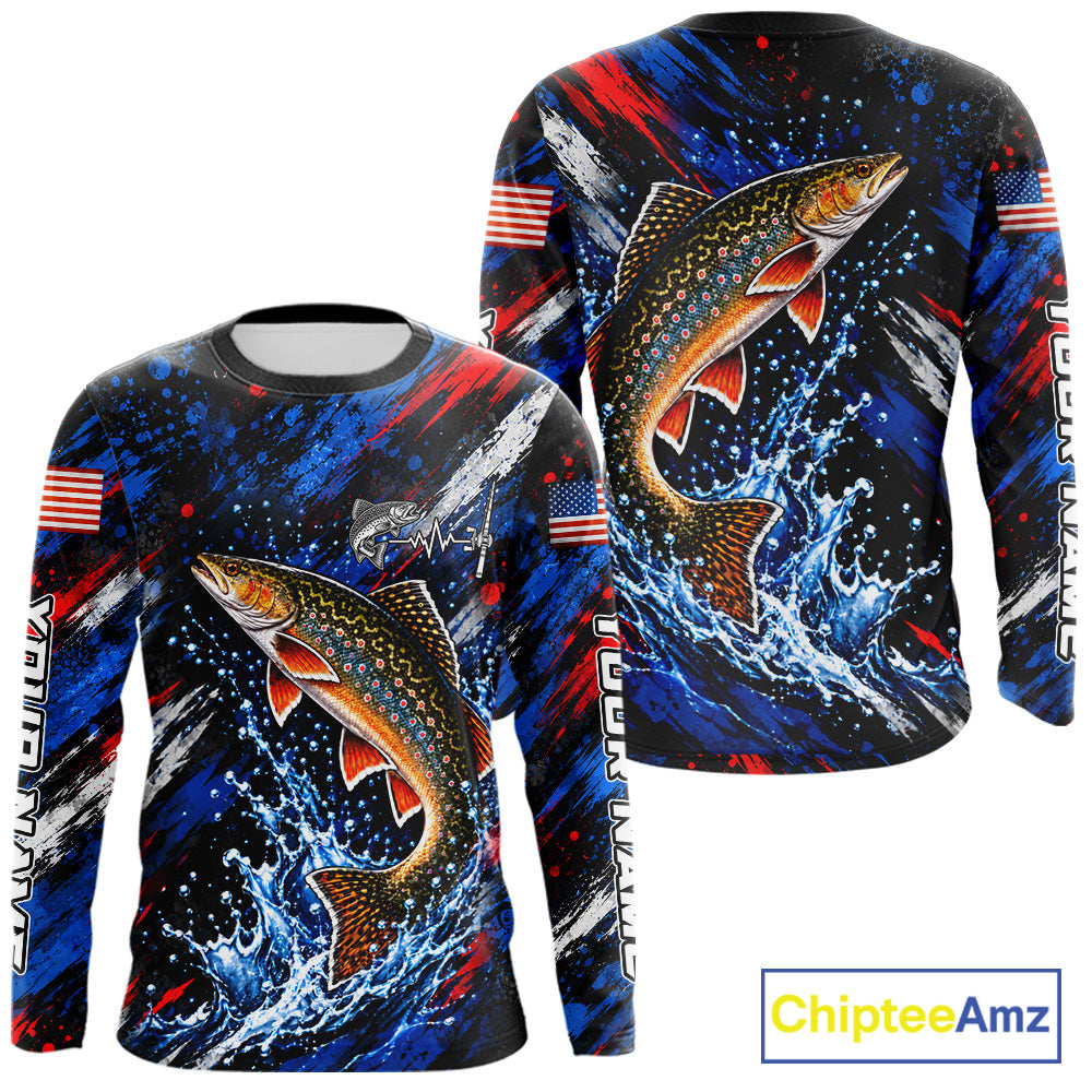 Brook Trout Fishing Shirt Custom US Flag Splash Water Long Sleeve Apparel NHT1708