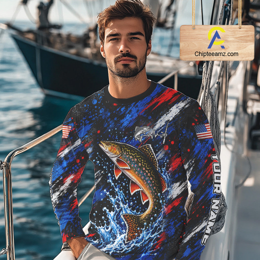 Brook Trout Fishing Shirt Custom US Flag Splash Water Long Sleeve Apparel NHT1708