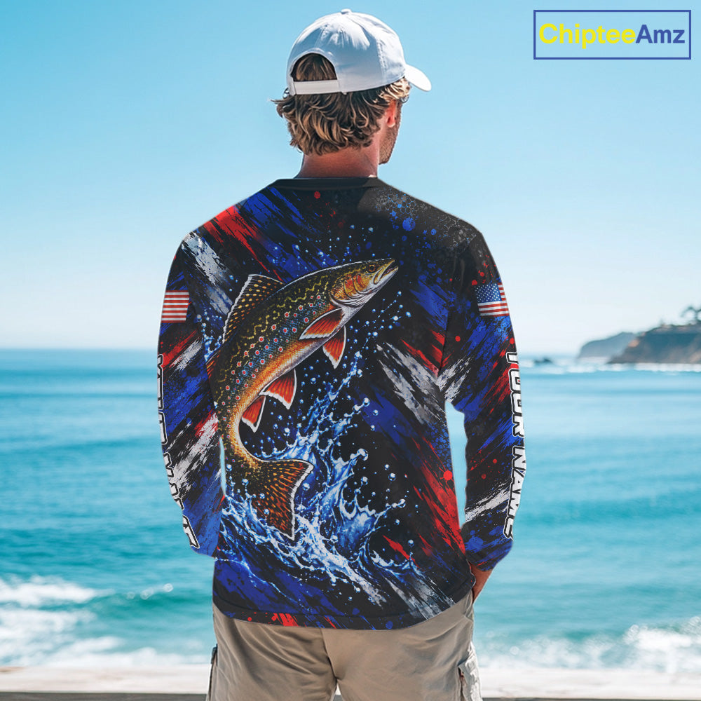 Brook Trout Fishing Shirt Custom US Flag Splash Water Long Sleeve Apparel NHT1708